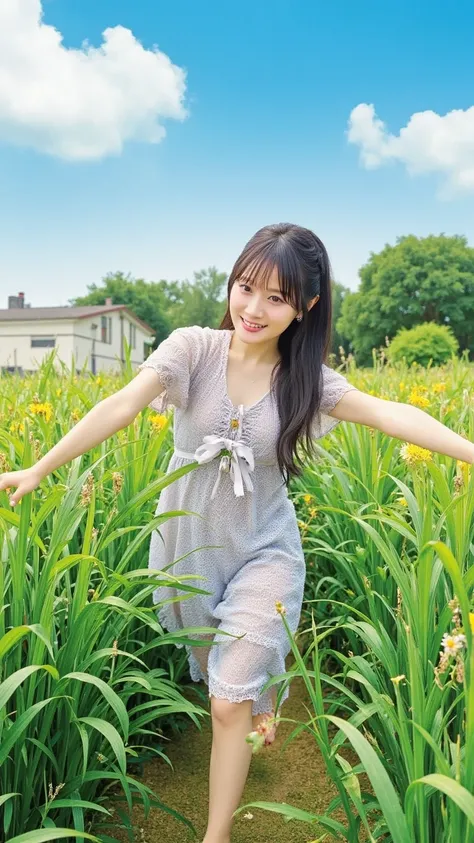 "A playful girl with sparkling eyes, wearing a casual summer outfit, running through a field of tall grass under a clear blue sky, with her arms wide open and laughing."