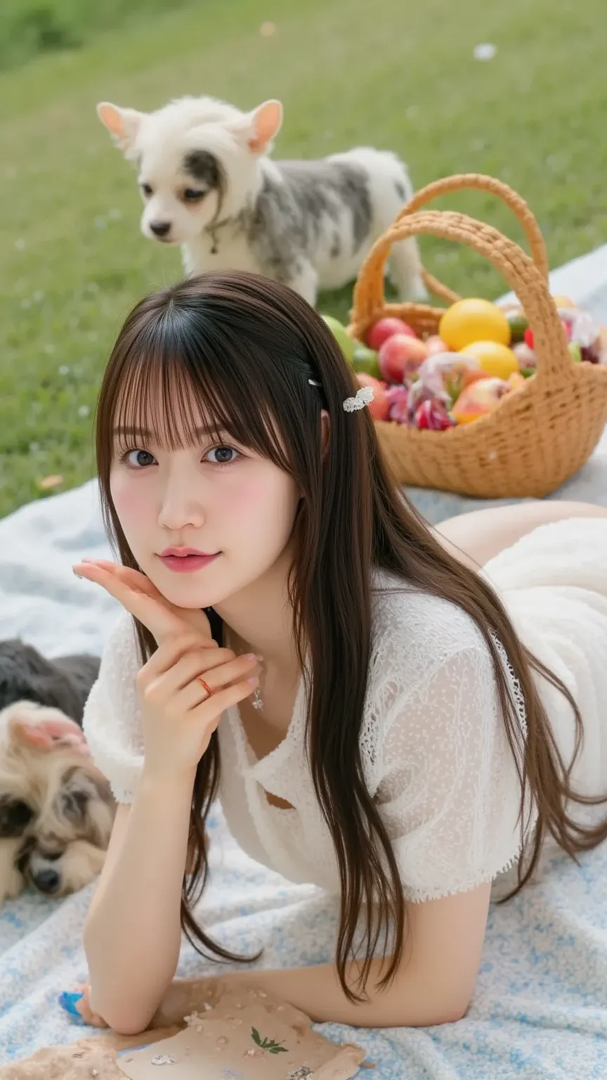 "A cheerful woman with long, soft hair, sitting on a picnic blanket, surrounded by cute animals like puppies and kittens, holding a basket of fresh fruit, with a carefree and innocent expression."