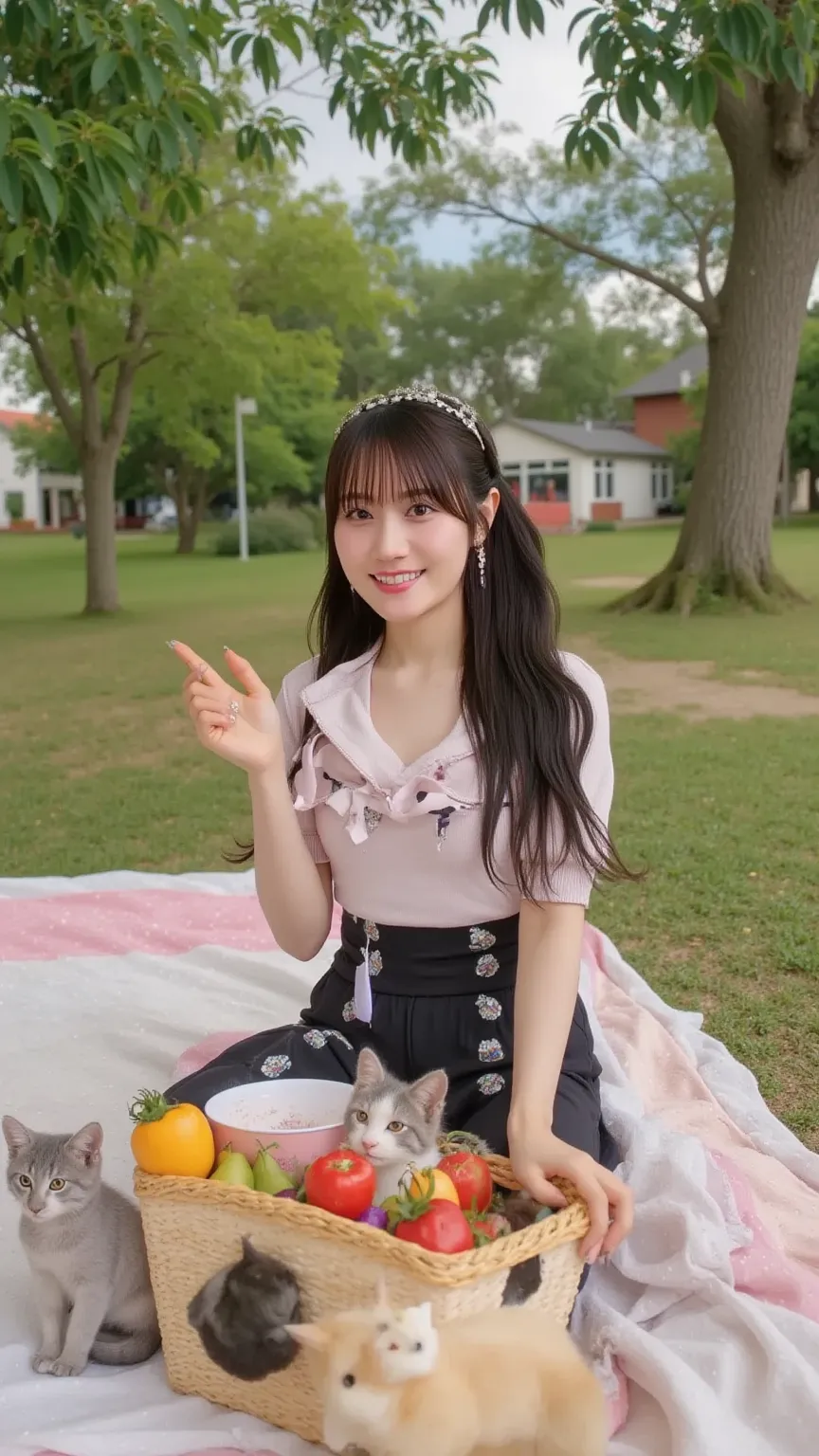 "A cheerful woman with long, soft hair, sitting on a picnic blanket, surrounded by cute animals like puppies and kittens, holding a basket of fresh fruit, with a carefree and innocent expression."