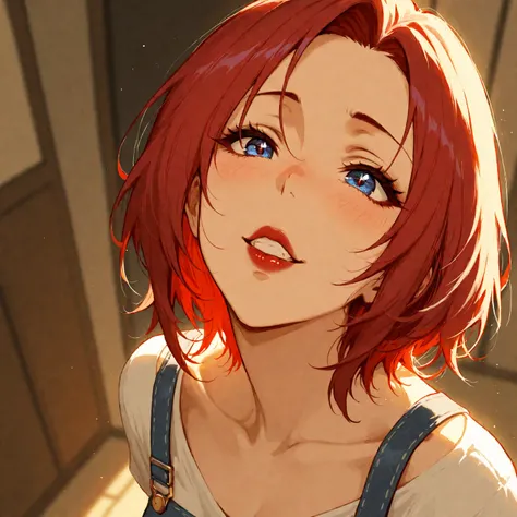 anime-style illustrations, Anime Beauty, a bewitching MILF, solo, 30yo, face only, face focus, mean face, look up, looking down at the viewer, Short red hair, forehead, arched eyebrows, double eyelids, sparkling navy blue eyes, Stinky eyes, red lips, mean ...