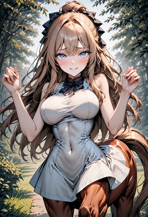 solo, solo, female, centaur, large breasts, thin waist, shy, intelligent, student, Chestnut brown fur, cherry blonde hair and tail, gentle, smile, rural estate, wealthy, close up, horse body, horse legs, centaur, centaur, Victorian, centaur girl, very tall...