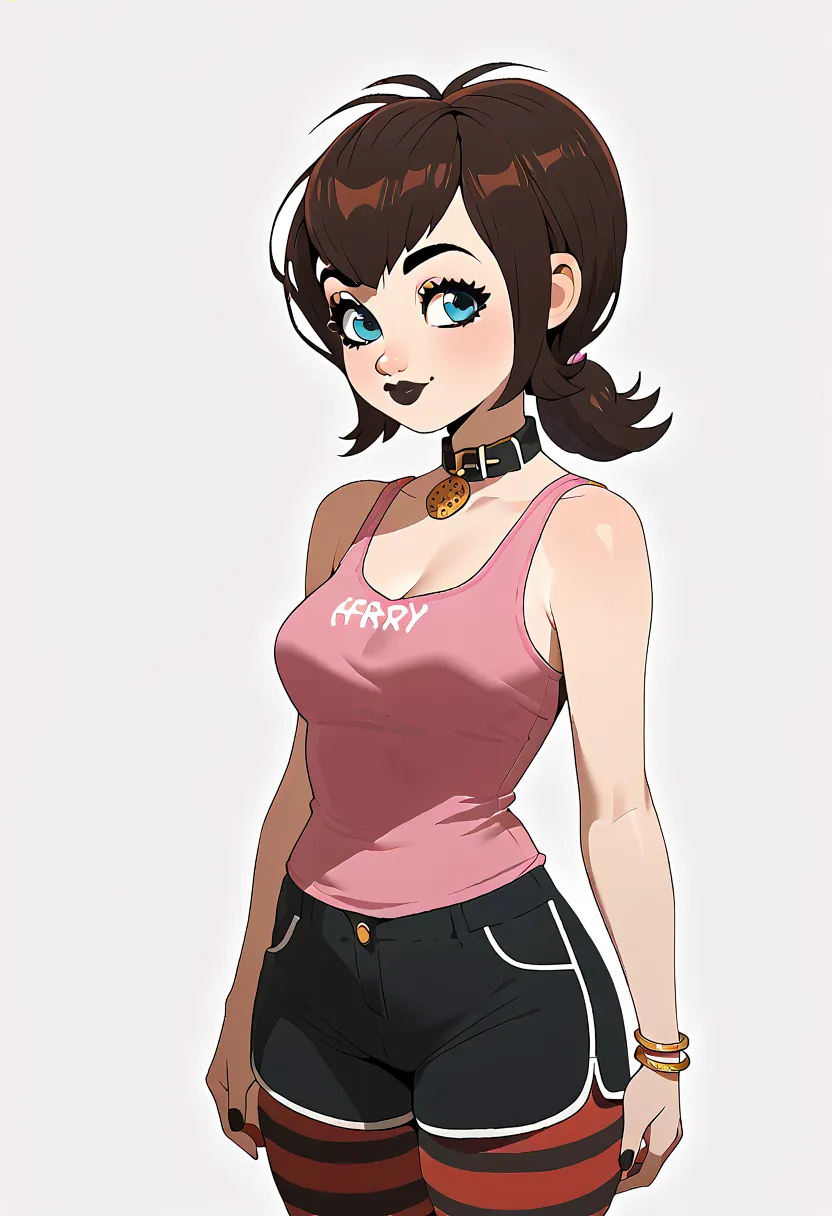  pink tank top, adult winnie_werewolf_ht,, collar, blue eyes, furry, ponytail, urry female, animal ears, jewelry, , ,grown-up winnie hotel transylvania