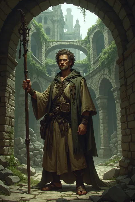 monk fitgther, white man with reading glasses brown curly hair, with a wooden staff, in ruins of a castle, Dark fantasy, RPG