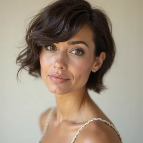  portrait photograph, A woman with a short cut and side fringe, posing with a confident look. The bangs are well directed, smoothing the face. Neutral background in light tones, with soft lighting., Nikon D6,  photo over the shoulder , angle at ground leve...