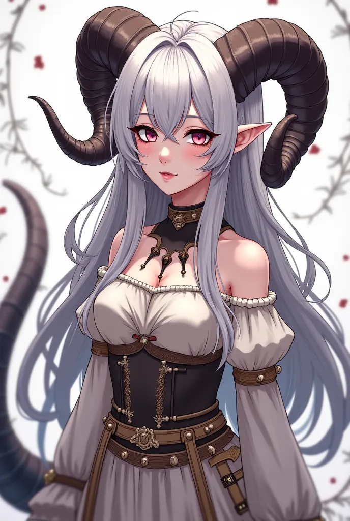 Manhwa, comic, HQ illustration of a full-body portrait of a girl with pointed ears and long white hair with bangs. She has a burn mark covering her eyes, which are hidden under a delicate, translucent veil. She has elegant ram's horns curling from the side...