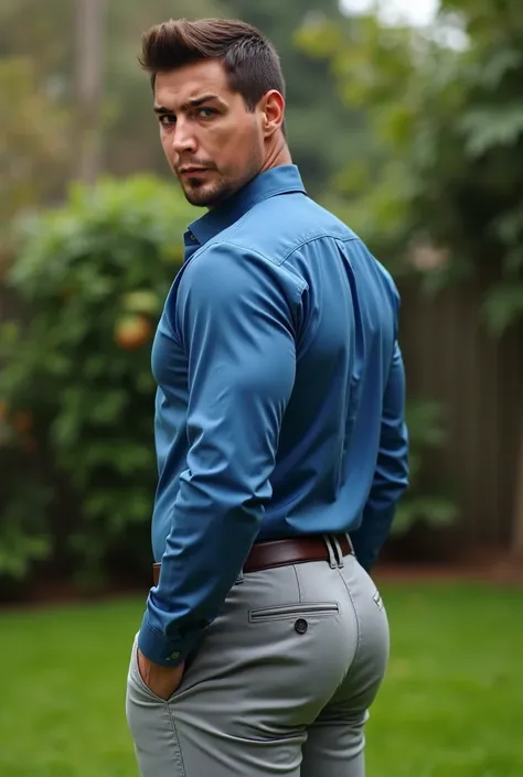  Realistic photograph , 35-year-old muscular (((athletic man))) , , view From below, nalgon in profile, stripe blue formal shirt and very tight light gray light trousers, brown belt, in profile, Big butt, viendo a cámara,  black eyes, in the yard, sexy man...