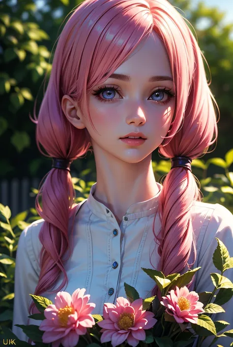 1girl, pink hair, twin tails