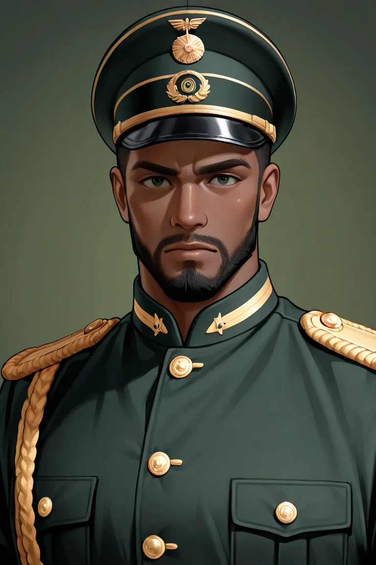 Create an adult dark-skinned black man,with short black beard,With the hat and clothes of an army general looking forward 