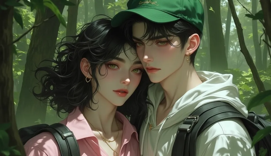  An 18 year old girl with curly black hair, yellow eyes, Who is wearing a pink jumpsuit and a backpack in the forest entwined with an 18-year-old boy with black hair who is wearing a white sweater and a green cap 