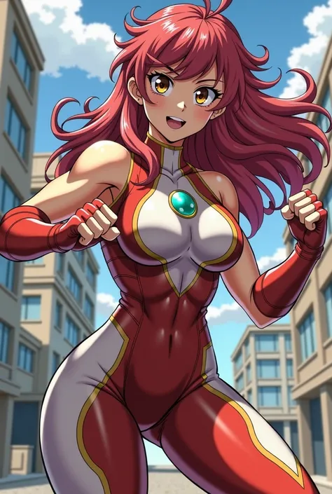 My Hero Academia Style , Anime girl, female, young female,muscular female,Full Body Shot,(fighting Pose:2),Long hair, Red Hair,  Brown Eyes,Hero Suit, Full Body Suit, red suit with white details,small round blue jewel in the center of the chest, perfect an...