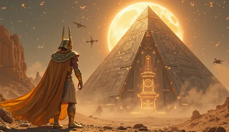 The Egyptian god Horus advances with a firm and majestic step towards a colossal pyramid-shaped spaceship, built with shiny titanium that reflects the light of an alien sun. Its imposing golden armor shines while its divine gaze is fixed on the futuristic ...