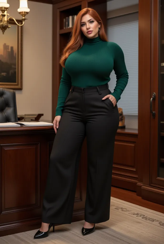 sensual executive,  mature woman 48 years old , Plus size woman, generous curves, curvilinear,  voluptuous,  hourglass figure, wasp's waist  ,  wide hips, thick legs, thick butt,  big busts, wears Heidi Wide Leg Pants black, Admira My Green High Neck Sweat...