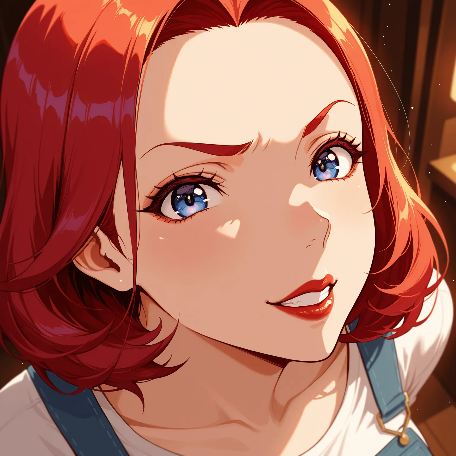 anime-style illustrations, Anime Beauty, 1 mature woman, a bewitching MILF, solo, 30yo, face only, face focus, mean face, look up, looking down at the viewer, Short red hair, forehead, arched eyebrows, double eyelids, sparkling navy blue eyes, Stinky eyes,...