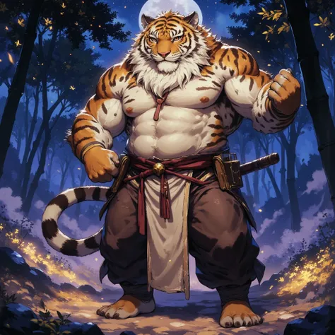 character focus, full body, looking away, dynamic angle, oriental monk a musclegut middle-aged tiger man, monk costume clothes, monk robe, martial arts pose, BREAK full body in Michelangelo Buonarroti style, pastel-colored design, digital illustration anim...