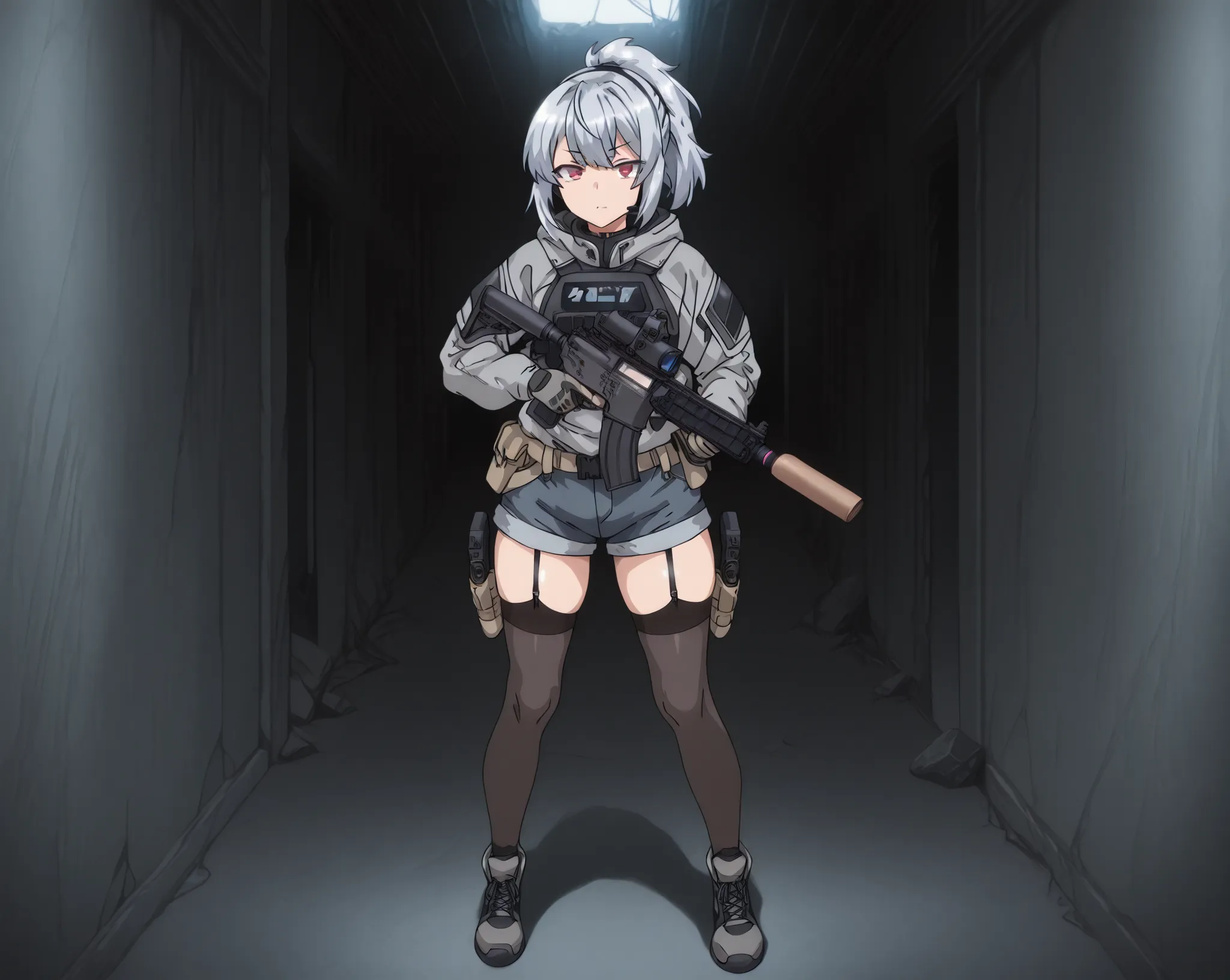 and a fleshy, glamorous figure。 with short silver hair tied in a ponytail with a navy hair band 、 red eyes。The expression of pleasure 。equipped with black tactical armor over a gray hooded jacket、gray denim shorts over thigh-length stockings with a black g...