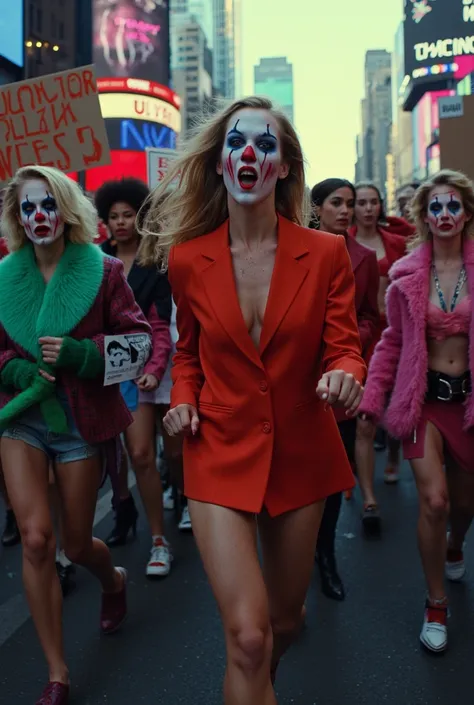 A **horde of stunning, towering female supermodels** marching in unison, their **furious expressions exaggerated by thick, smeared clown makeup**, their **flawless faces twisted in rage as they hold up signs that say "ASSHOLE" and "JERK" in bold, dripping ...