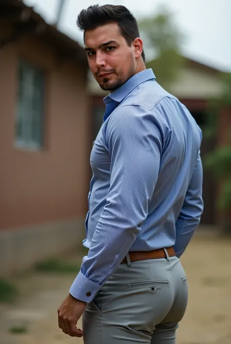  Realistic photograph , 35-year-old muscular (((athletic man))) , , view From below, nalgon in profile, stripe blue formal shirt and very tight light gray light trousers, brown belt, in profile, Big butt, viendo a cámara,  black eyes, in the yard, sexy man...