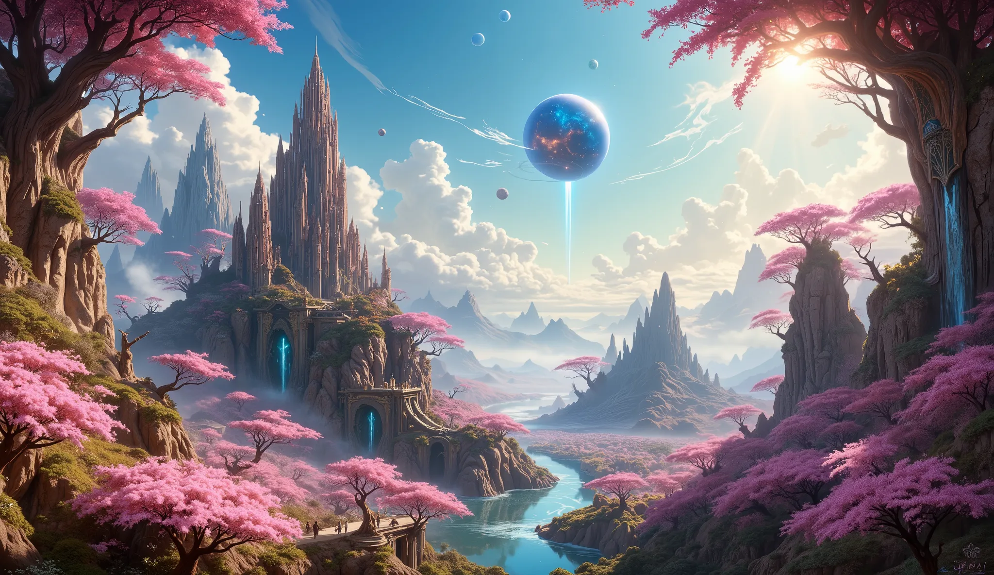 masterpiece, the Kingdom of Babylon and its hanging bridges, a large cherry blossom forest,  clouds everywhere ,  A planet in the sky , el reino de babilonia muy  Detailed, beautiful cherry blossom forest of impressive color, clouds all over the landscape,...