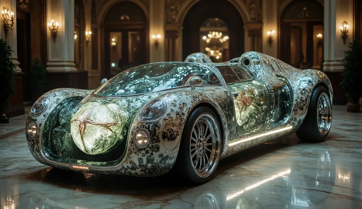 A futuristic vehicle, of impossible design, Move through a Gothic nightlife city where Art Deco merges with biotechnology. The vehicle body is not made of metal, but of a semi-translucent structure that seems to be made of a mixture of organic glass and bi...