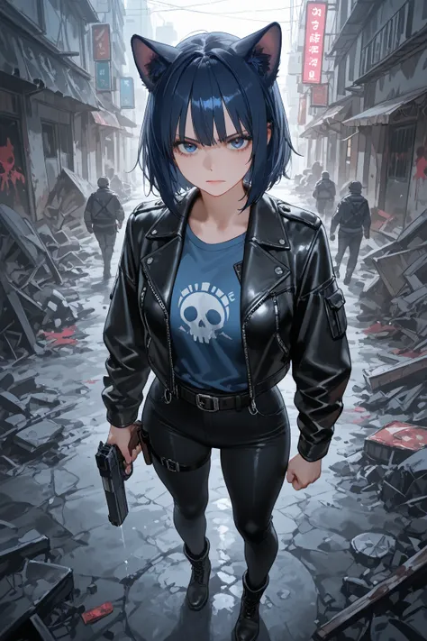 (Cubi: (short dark blue hair, blue kitten ears, pink interior kitten ears, woman, 1woman, one woman), (small breast)), (dark leather jacket, blue shirt, black pants, black military boots), hold a handgun,, BREAK, , ((destroyed city outdoor, dark ambience))...