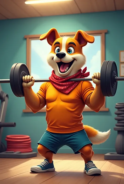 A dog with a muscular body, lifting weights while smiling happily. The dog has a sports t-shirt and a bandana. The background is from a gym, with weights and jump ropes. Make it cartoonish