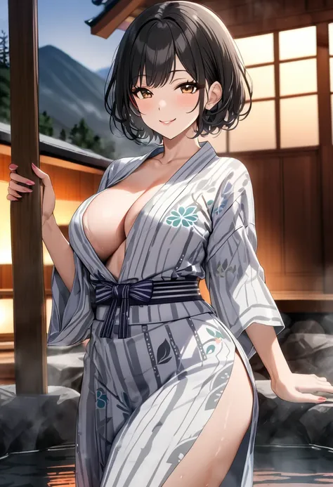 op quality, masterpiece, high definition, 8k, (1 girl ), Alone, sexy, (cowboy shot), (((Smiling Married Woman))), Beautiful breasts,  beautiful feet, (Hakone Hot Springs), milf, ((( black hair short hair))), (((Hot springs and which yukata))), watch viewer...