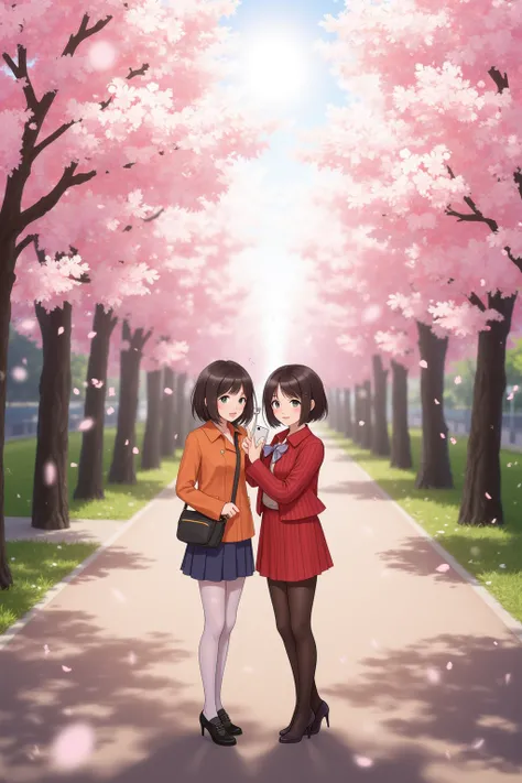 full view is clearly visible without blurring、The background is clear、without blurring、Suburban rural landscape、河辺にたくさんのCherry Treeが植っている、2人の女性はCherry Treeの下に立つ、1 woman holds an iPhone、The two women are taking selfies together with cherry blossoms in the b...