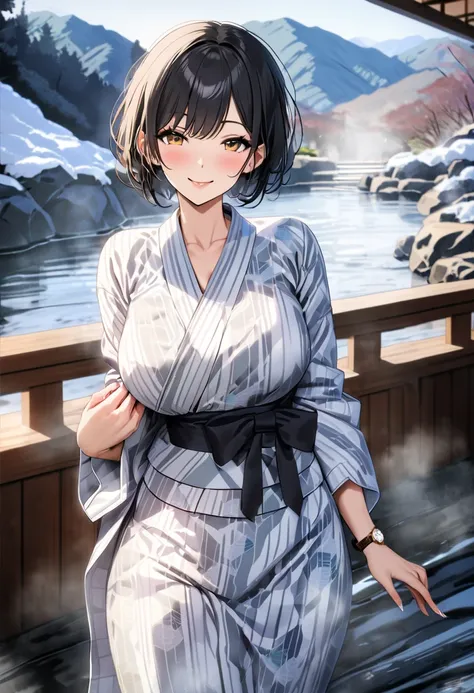 op quality, masterpiece, high definition, 8k, (1 girl ), Alone, sexy, (cowboy shot), (((Smiling Married Woman))), Beautiful breasts,  beautiful feet, (Hakone Hot Springs), milf, ((( black hair short hair))), (((Hot springs and which yukata))), watch viewer...