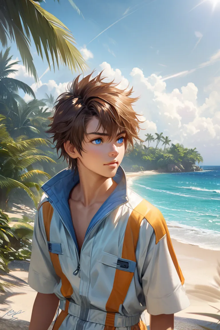 Very faithful to the character Sora from the game Kingdom Hearts Final Mix on a Beach