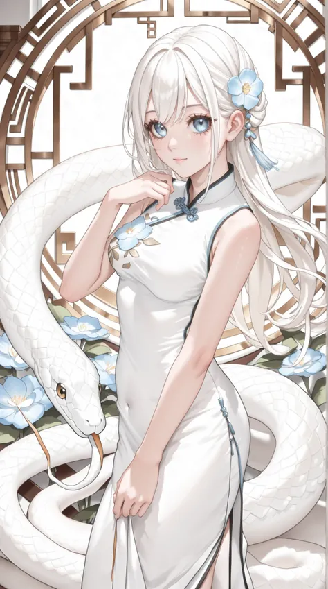 Alone,  girl in a white china dress,  stroking a white snake ,  blue flowers on the background ,  Chinese theme ,  that's ridiculous,  masterpiece, TOP QUALITY, Ultra High Definition、big breasts