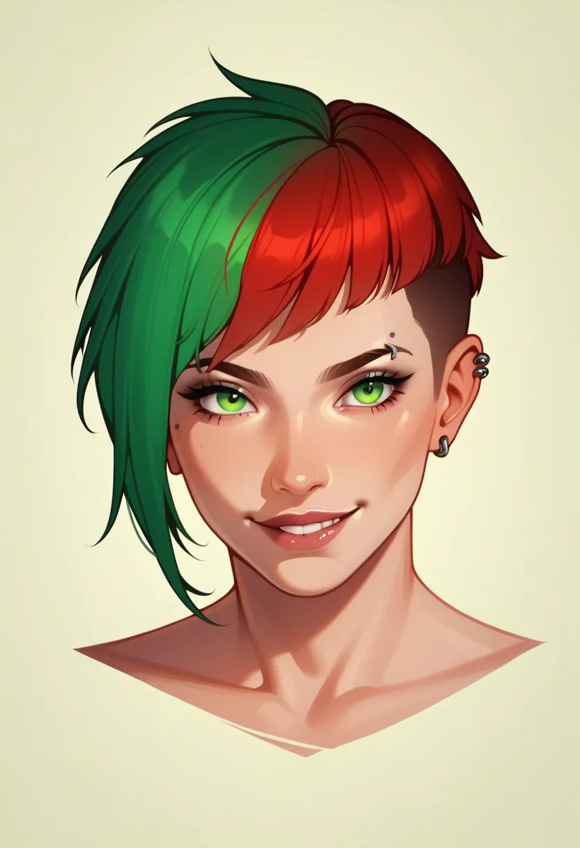 1 girl, a human with light skin and a red pixie cut. Green eyes. Lean figure, dnd, fantasy, rogue. multiple piercings on each ear. Dashing smirk, simple background. Rogue armor, full body