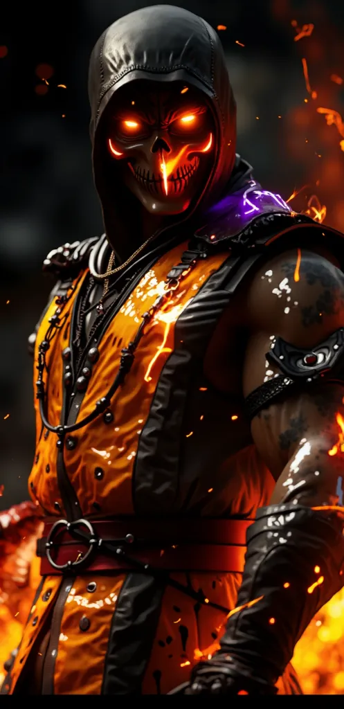 An imposing and dark ninja warrior, using a metallic mask with aggressive details and glowing eyes. He wears black and gold tactical armor, with leather and metal textures. His hood covers part of his face, increasing the mystery. Around you, fiery flames ...