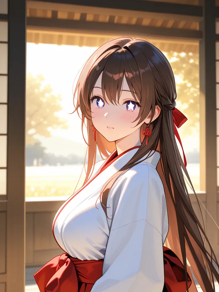 nsfw,  masterpiece, great quality,  Semi-Realistic Details CG , Ultra High Definition, 8k、The Fox Eared Girl、 shrine maiden costume、Big Breasts、valley、 no bra、shrine、cute、