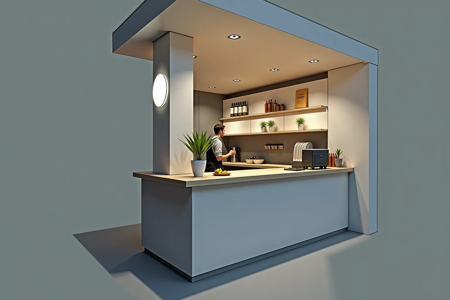  INTERIOR DESIGN of a culinary restaurant ,  specializing in serving food for tennis players,  cashier area . attention: stand under the stairs, Clean design, Reiki.  Behind the bar is an Armenian barista .
Material: Light wood, glasses,  stainless steel s...