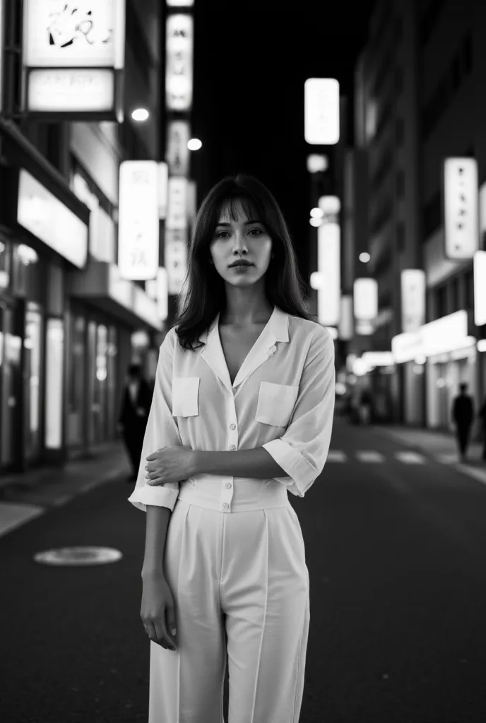 a b&W фотография, taken with a 500 cm long Hasselblad camera using an ilford delta 400, suitable for night shooting. The picture shows a young woman with Japanese appearance, wearing a white shirt and white long pants. The scene takes place in Tokyo on a 1...