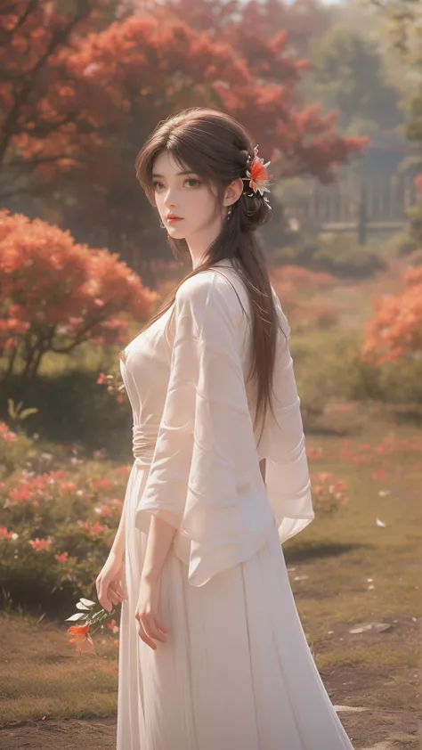 (woman wearing light white dress),(Stand gracefully),(with dynamism、Colorful garden front),(Shooting from front),(With double exposure effect),(Create an ethereal atmosphere),(Best quality,4K,8K,A high resolution,tmasterpiece:1.2),ultra - detailed,(actual,...