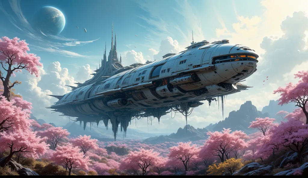 masterpiece, an impressive spaceship in ruins, a large cherry blossom forest,  clouds everywhere ,  A planet in the sky , una nave espacial moderna muy  Detailed, beautiful cherry blossom forest of impressive color, clouds all over the landscape, beautiful...