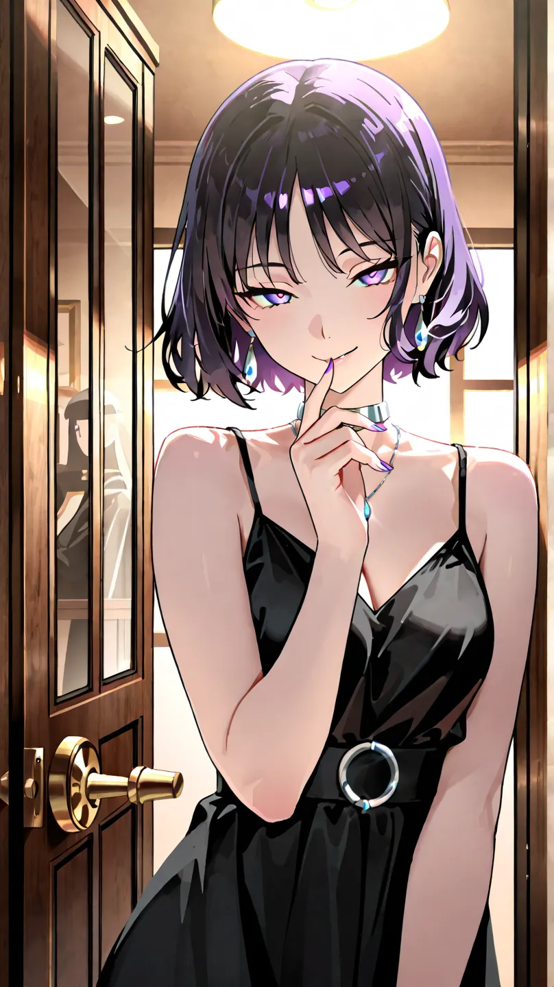 high resolution, Short Hair, black hair,  breasts,  earrings, violet eyes, jewelry, The best quality, mujer  straight bangs ,  straight bangs ,Lots of hair,  Precise, anime scene, big boobs,  straight bangs , seductive smile, short dress, violet eyes, blac...