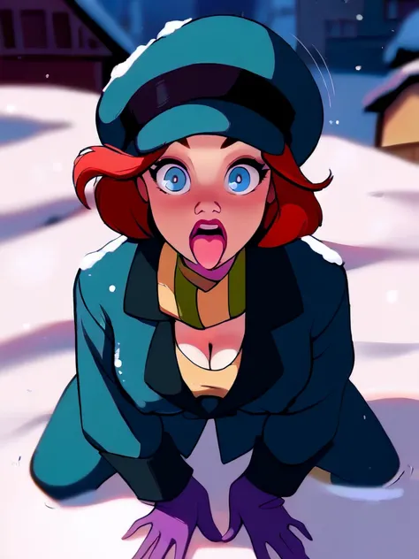 ((1girl, score_9, score_8_up, score_7_up, AnastasiaXLP, short hair, red hair, blue eyes, coat, scarf, hat, gloves, motion lines, covered nipples)), 
((curvy, medium breasts, looking at viewer, cute, solo, disney art style)), 
(((at snow))), (((snowy town))...