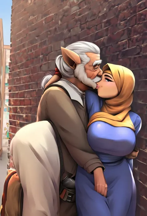 ( masterpiece , top quality:1.2),  1 Pakistani 19 years old hijabed Muslim girl and an elderly Pakistani gentleman, two people hugging and kissing, expressive eyes, straight hair, dark haired twintails , ((( perfect face girl))), Big Breasts Female Muslim ...