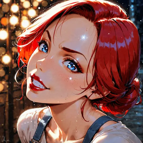 anime-style illustrations, Anime Beauty, 1 mature woman, a bewitching MILF, solo, 30yo, face only, face focus, mean face, look up, looking down at the viewer, Short red hair, forehead, arched eyebrows, double eyelids, sparkling navy blue eyes, Stinky eyes,...