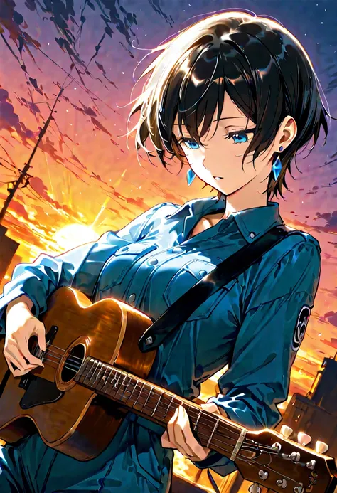 score_9, score_8_up, score_7_up, source_anime, 1girl, blue eyes, earrings, short hair, black hair, solo, parted lips, looking down, silk and stylish jumpsuit, ((playing the acoustic guitar)), (masterpiece, sunset background, dynamic angle, highly detailed,...