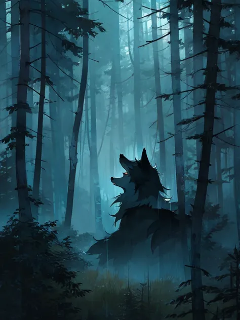 Black-haired fox in a misty forest