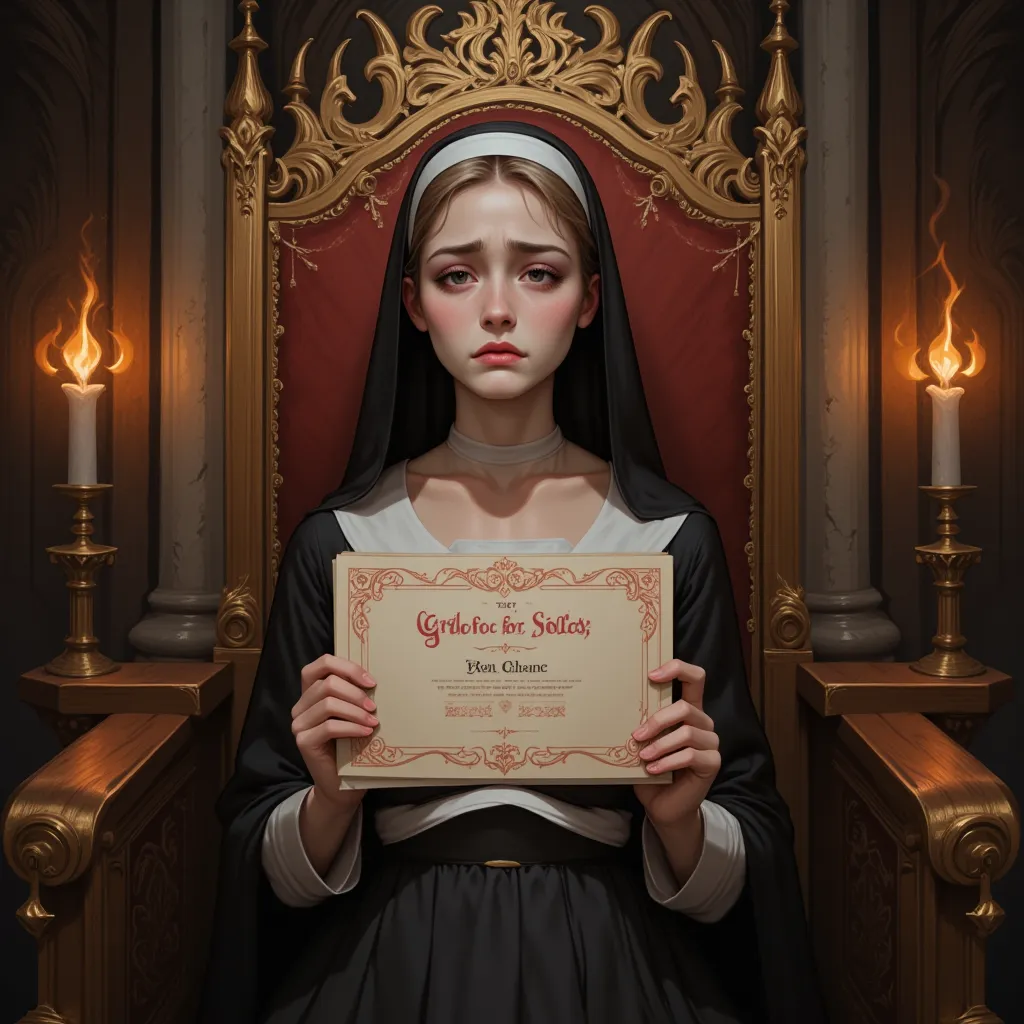 Innocent half-naked 18 year old English nun, wearing nun headdress and religious robes, sad, sitting in ornate throne in a torch lit chapel, presenting a large fancy royal certificate with beautiful calligraphy and rose gold inlay. (Painted above the thron...