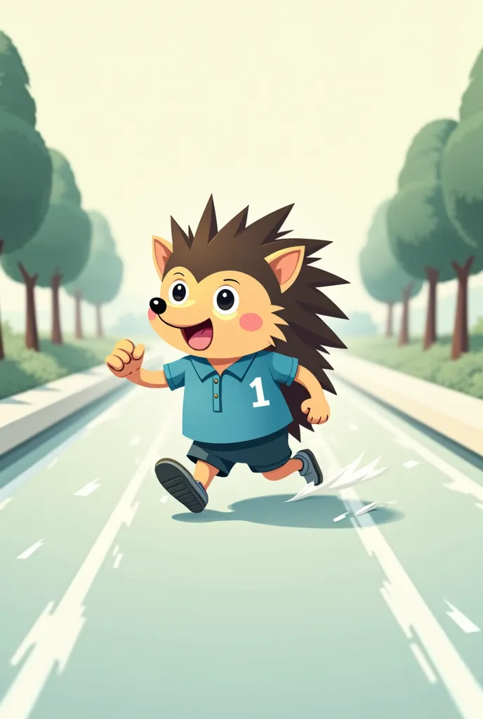 Running hedgehog dressed in a light blue polo with the number 1 printed on it. The hedgehog runs on a track with trees on the edges drawn in vector style