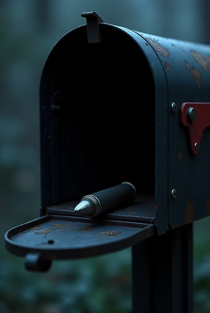 A general finding a bullet in their mailbox at night. Dark and ominous atmosphere, dramatic shadows