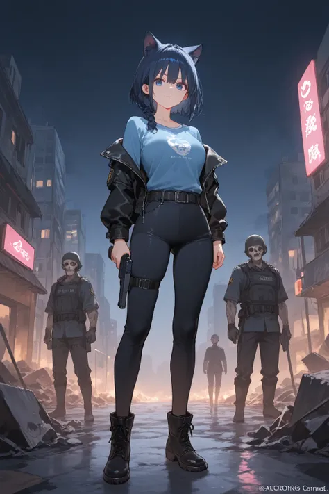 (Cubi: (short dark blue hair, blue kitten ears, pink interior kitten ears, woman, 1woman, one woman), (small breast)), (dark leather jacket, blue shirt, black pants, black military boots), hold a handgun,, BREAK, , ((destroyed city outdoor, dark ambience))...