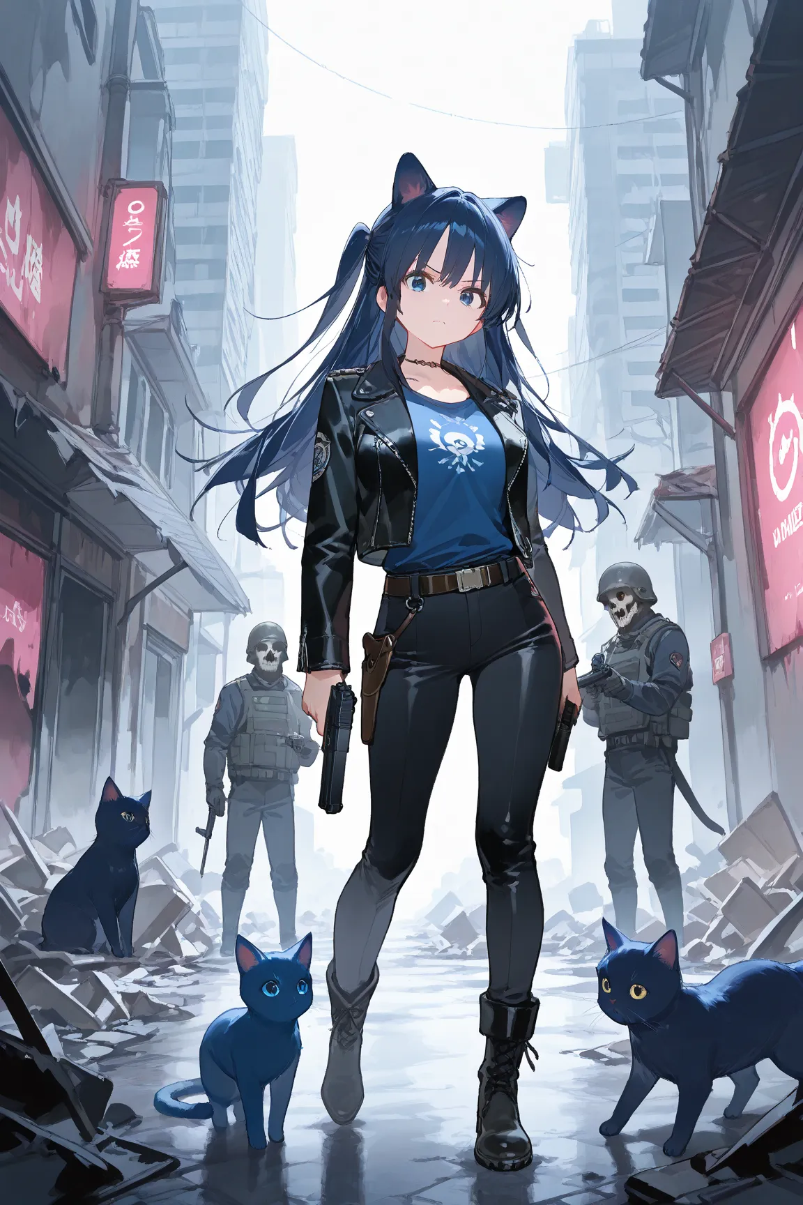 (Cubi: (short dark blue hair, blue kitten ears, pink interior kitten ears, woman, 1woman, one woman), (small breast)), (dark leather jacket, blue shirt, black pants, black military boots), hold a handgun,, BREAK, , ((destroyed city outdoor, dark ambience))...