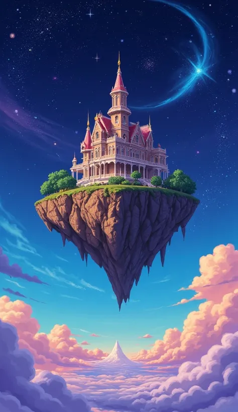 A beautiful house on a piece of rock floating in outer space. 90s anime style