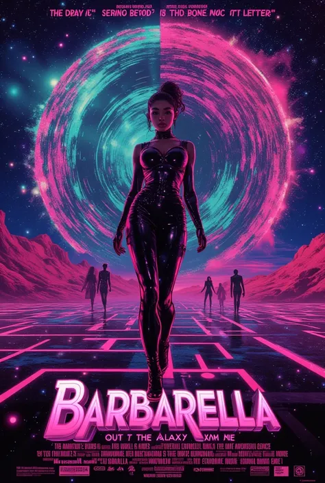 Create a film poster for a 2024 Barbarella: Queen of the Galaxy remake. Vibrant CGI galaxy backdrop, retro-futuristic costumes by Iris van Herpen, a bold heroine (Zendaya-inspired) in a sleek space pose. Add eerie Black Guards, a labyrinthine swirl, and a ...